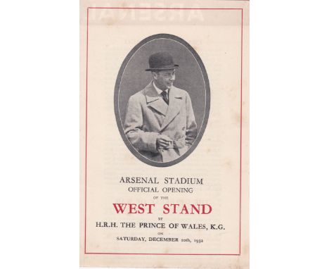 Arsenal v Chelsea 1932 December 10th rusty staples includes brochure Arsenal Stadium Official opening of the West Stand by HR