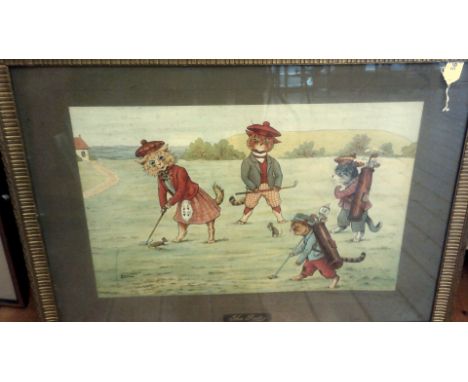Golfing Print - A very fine Louis Wain large print 'The Putt' 2' x 2'