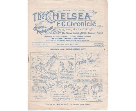 Chelsea v Manchester City 1927 April 30th staple rust hole light horizontal fold