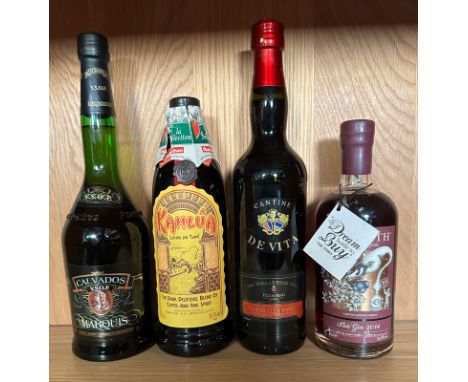 Four bottles of spirits to include Calvados, Kahlua, Marsala and Sloe Gin 
