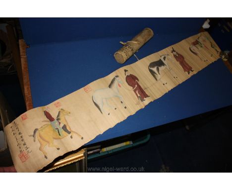 A Chinese watercolour Scroll of horses and horsemen, boxed.