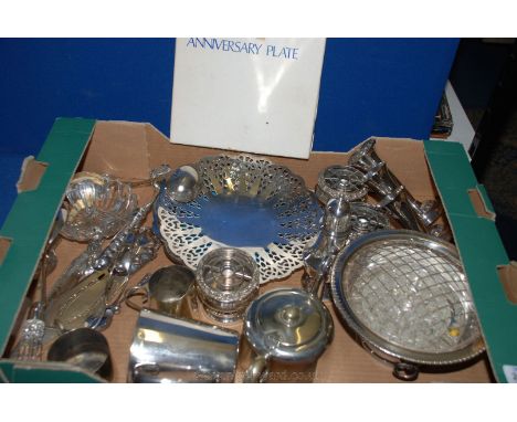 A quantity of silver plate including three small rose bowls, three posy holders, tea set, preserve dish on stand, sugar shake