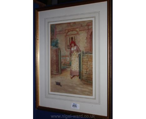 A 19th c. Watercolour of girl playing with kitten, by John Scott