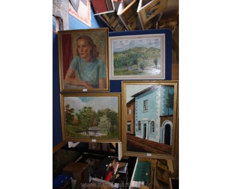 A framed Oil on canvas of a valley landscape signed lower right Brooks, an Oil on canvas of a Portrait of a lady, and Oil on 