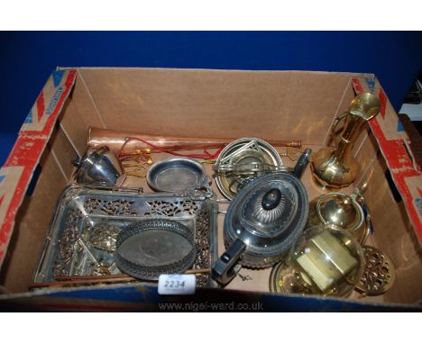 A quantity of brass and plate including hunting horn, toasting fork,  anniversary clock, basket, teapot, etc.