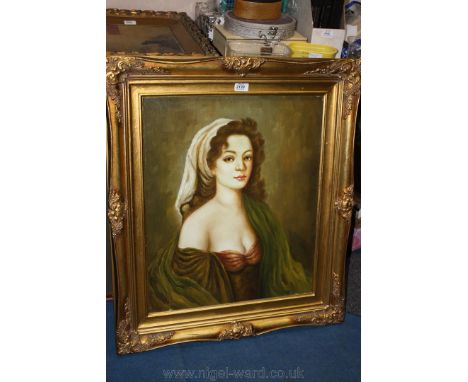 An Oil on canvas Portrait of a Lady in a brown dress and green robe, signed lower left A. Norton. 19 1/2" x 24".