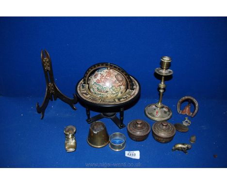A box of miscellaneous Brass including candlestick, boot, small ornaments, two oriental pots and lids, lucky horseshoe and a 