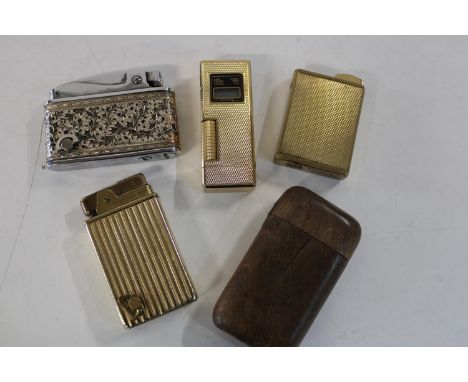 A selection of vintage lighters &amp; a 19th century wooden vesta case 