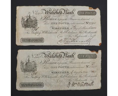 A Wakefield Bank £1.00 note, 4th November 1822, number 3447 for Godfrey W. Wentworth, Robt. Chaloner, Thos Rishworth and Thos