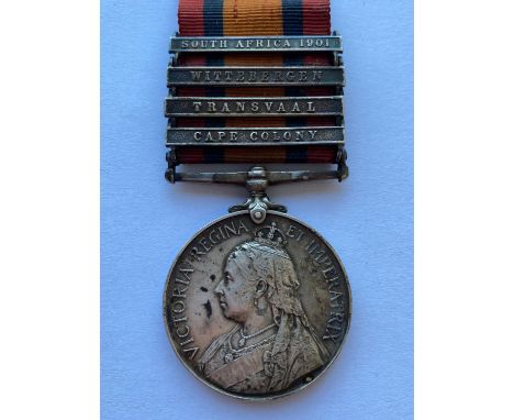 A Queen's South Africa Medal with Cape Colony, Transvaal, Wittebergen and South Africa 1901 clasps, named to 2335 Pte W. Burg