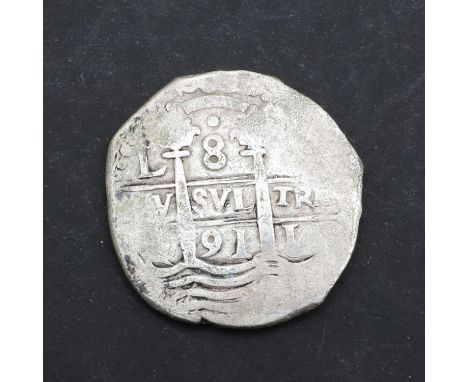 A silver Cob 8 Reales, probably Lima mint, 1691, 26.8g. Possibly a shipwreck coin from the Hollandia treasure   *Condition:  