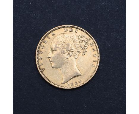 A Queen Victoria Sovereign, Young head l. reverse Shield with die number, dated 1864   *Condition:  Light surface marks and r