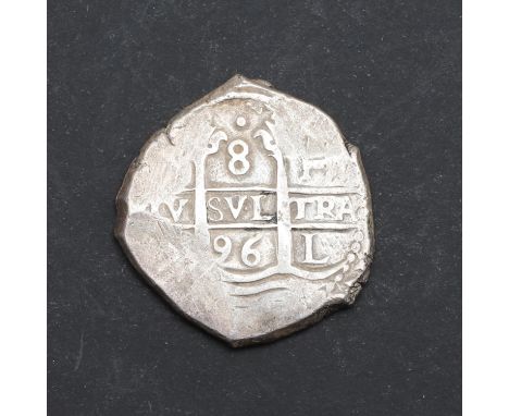 A silver Cob 8 Reales, probably Lima mint, perhaps 1696. 27.3g. Possibly a shipwreck coin from the Hollandia treasure   *Cond