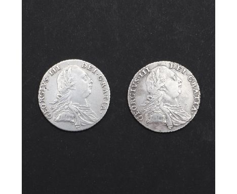 Two George III Shillings, bare head r. reverse with and without semee of hearts. Both dated 1787   *Condition:  Both nice exa