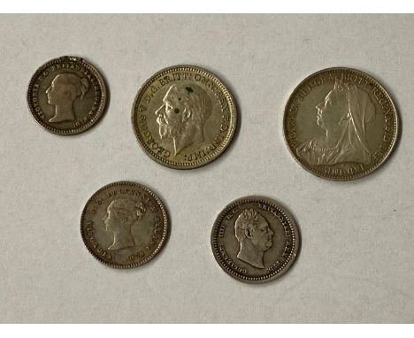 A William IV Maundy twopence, 1832, Victorian Maundy fourpence for 1895 and similar twopence for 1838. A George V Sixpence, 1