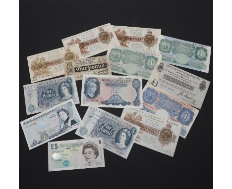A collection of fourteen one and five pound notes: A first emergency issue Bradbury one pound note, S28 81214, Second Bradbur