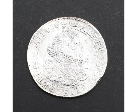 An Albert and Elizabeth Ducaton, obverse with double portrait, dated 1619, reverse with two lions supporting a crown above a 