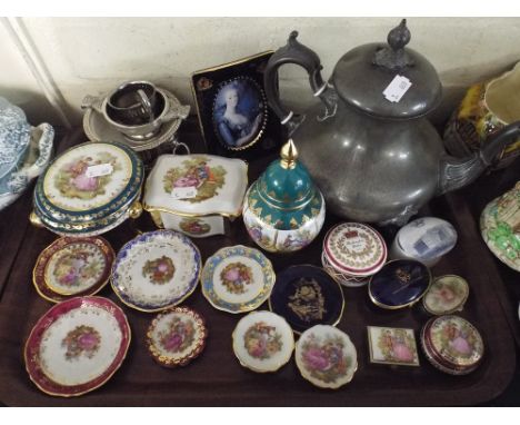 A Tray Containing Continental Trinket Dishes, Pewter Teapot, Silver Plate Wine Taster Etc.  