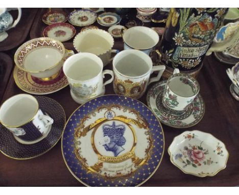 A Tray Containing Royal Worcester and Coalport Coffee Cans and Saucers, Larger Stein, Royal Crown Derby Pin Dish, Commemorati