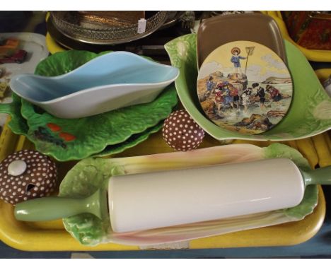 A Tray Containing Ceramic Rolling Pin, Royal Winton Rhubarb Dish, Poole Ware Etc. 