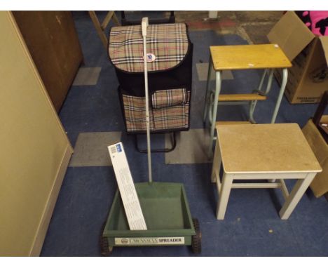 A Lawn Fertiliser Spreader, Shopping Trolley, Step Stool and Stool. 