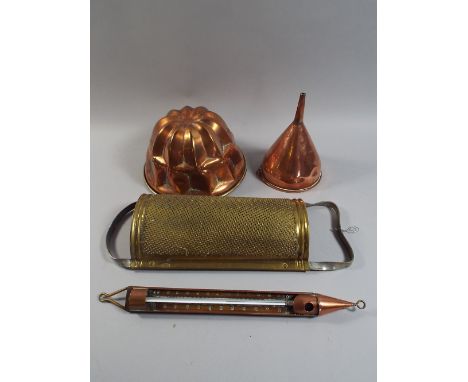 A Copper Jelly Mould, Wine Funnel and Thermometer Together with A Brass Grater.