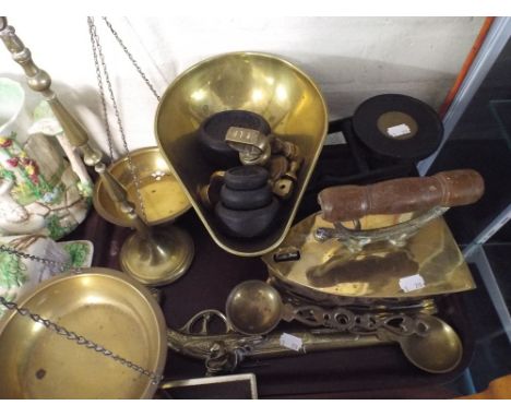 A Tray of Brass Ware to Include flat Iron, Kitchen Scales, Pan Scales Etc. 