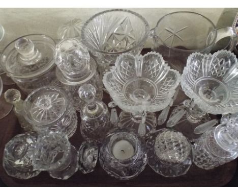 A Tray of Etched and Moulded Glassware to Include Vases Biscuit Barrel Bell Etc. 