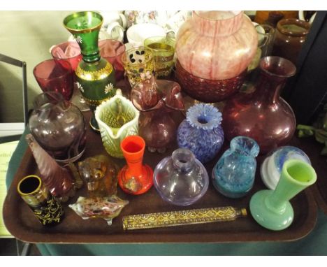 A Tray of Coloured Glassware to Include Vases Cranberry Glasses  Perfume Flask Etc. 