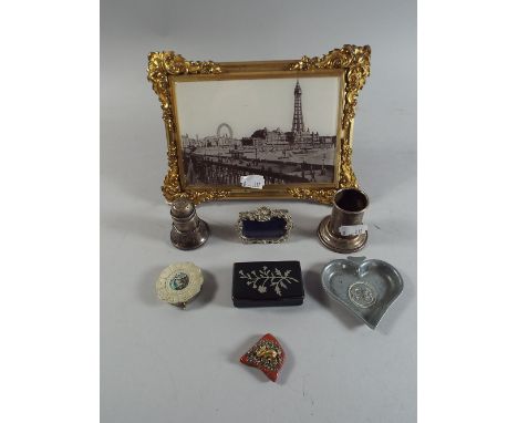 A Gilt Framed Photograph of A Pier, Silver Pepper, Silver Spill Vase, Snuff Box Etc. 