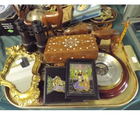 A Tray of Sundries to Include Barometer, Gilt Framed Mirror, Binoculars Animal Treen Ware Etc.  