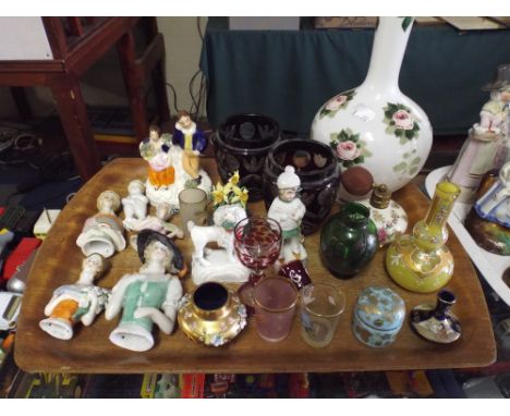 A Tray Containing Ceramic Pin Dolls, Coloured Glassware, Staffordshire Figures Etc. 