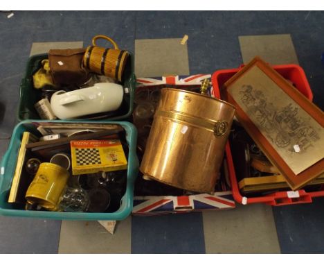 Four Boxes of Ceramics Glassware Metal Pictures Prints Etc. 