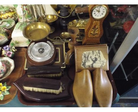 A Tray of Treen Ware to Include Miniature Long Cased Clock, Horse Shoe Barometer Etc. 