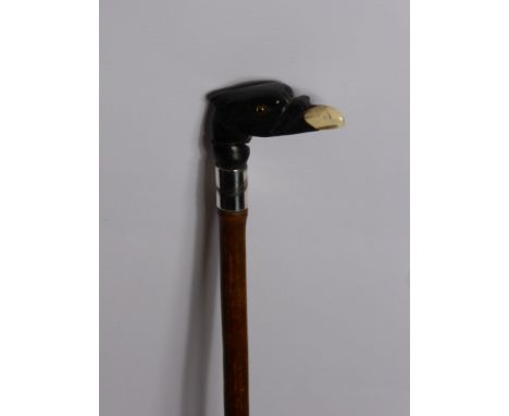 A Bamboo Shafted Walking Stick, with raptor's head knop (with ivory beak) and silver band (London 1900).