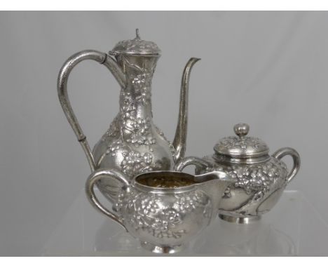 Early 20th Century Arthur Bond Japanese Sterling Silver Coffee Set, comprising six demitasse cups and silver saucers with por