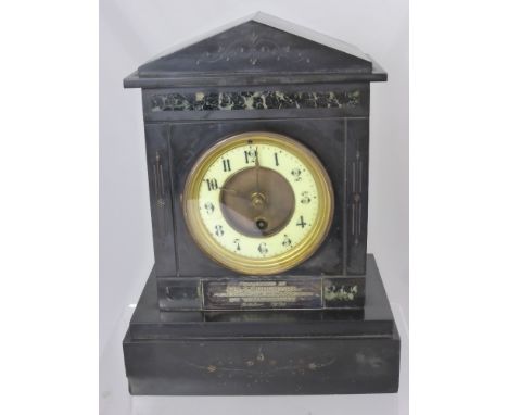 A Victorian Slate Mantle Clock, having marble inlay and silver engraved "Presented to Mr J Boughton, October 1894".
