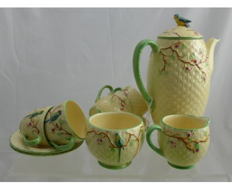 A Crown Devon Fieldings Coffee Set, depicting birds.