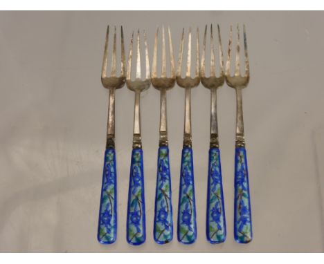 A Set of Six Chinese Silver Metal and Blue Enamel Handled Forks, the forks having character marks to stem.