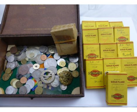 A Collection of Miscellaneous Items, including Will's Cigarette Cards, coins, RAF and air training corps cap badges, vintage 