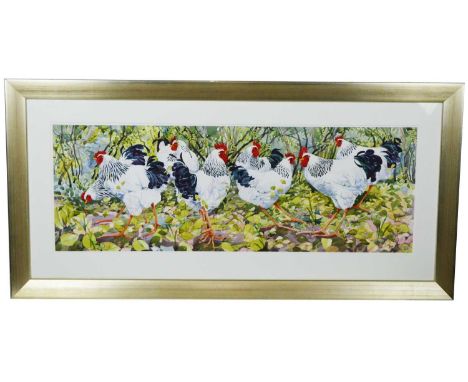 Mary Ann Rogers"A Flock of Light Sussexes",pencil signed lower right, watercolour,42 x 119cms, in frame.