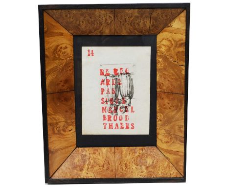 Marcel Broodthaers"Ne Regarde Pas Sigfe",ink print over a repurposed antique bookplate,21 x 16cms, framed. 