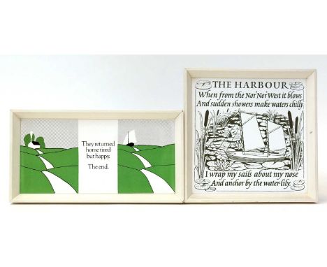 Ian Hamilton Finlay"They returned home tired but happy. The End.", and "The Harbour",ceramic tiles,9.5 x 19cms, 14.5 x 14.5cm