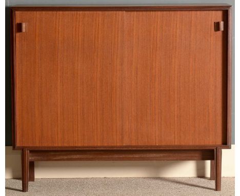 A late 20th Century teak wall cabinet, fitted a pair of solid panel sliding doors, 91 x 27 x 78cms high.