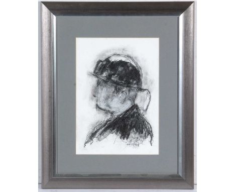 Tom Dack"Portrait of a Miner",signed lower right,charcoal on paper,28.5 x 20cms, in frame.