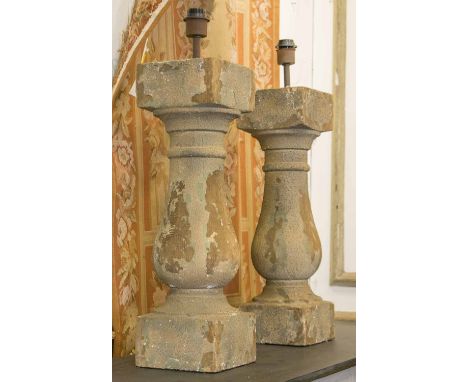 BALUSTRADE LAMPS, a pair, vintage grey gesso, painted and distressed classical column form with shades by Halo, 100cm H.