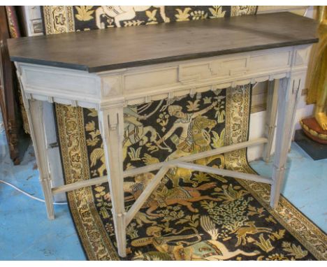 CONSOLE TABLE, early 20th century Art Deco influence and grey painted of canted outline with slate top, 131cm x 45cm x 82cm H