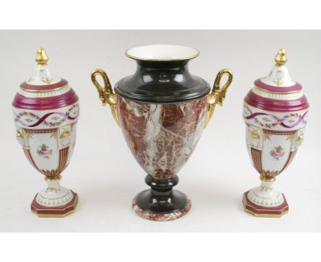 PAIR OF LIDDED CERAMIC VASES, decorated floral sprays, 37cm H (one lid repaired) and marble effect ceramic vase with gilt swa