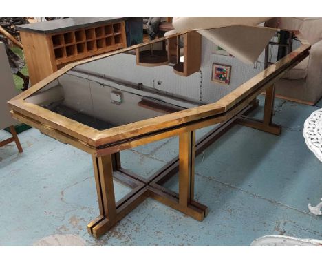 VINTAGE DINING TABLE, with black glass top, black brass surround, on brass base, 250cm x 118cm x 76cm H. (with faults)