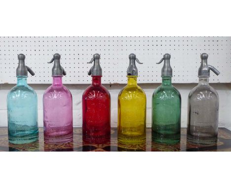 VINTAGE INSPIRED SODA SYPHONS, a set of six, multi coloured, 31cm H. (6)
